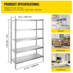 VEVOR Stainless Steel Shelves 48x18.5 Inch 5 Tier Adjustable Shelf Storage Unit Stainless Steel Rack Shelving Heavy Duty Shelving, Silver 14 VEVOR Stainless Steel Shelves 48x18.5 Inch 5 Tier Adjustable Shelf Storage Unit Stainless Steel Rack Shelving Heavy Duty Shelving, Silver -Vevor GUEST 000cf01c 5e9a 40d0 8c7b c4e57c864eac