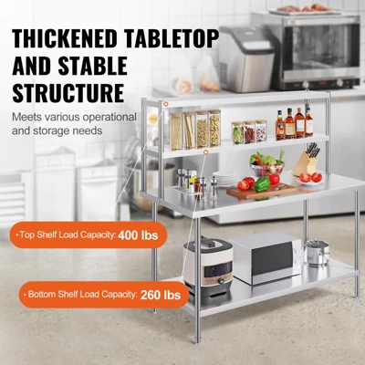 VEVOR Double Overshelf, Double Tier Stainless Steel Overshelf, 12 X 60 Inch Double Deck Overshelf, Height Adjustable Overshelf Prep Work Table 3 VEVOR Double Overshelf, Double Tier Stainless Steel Overshelf, 12 X 60 Inch Double Deck Overshelf, Height Adjustable Overshelf Prep Work Table - Image 3