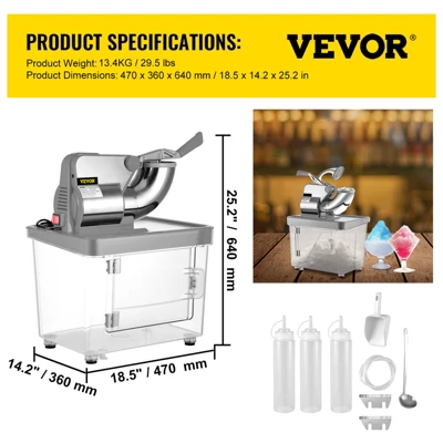 VEVOR 110V Commercial Ice Crusher 440LBS/H, ETL Approved 300W Electric Snow Cone Machine With Dual Blades, Stainless Steel Shaved Ice Machine, Silver 6 VEVOR 110V Commercial Ice Crusher 440LBS/H, ETL Approved 300W Electric Snow Cone Machine With Dual Blades, Stainless Steel Shaved Ice Machine, Silver - Image 6