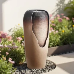 VEVOR Outdoor Water Fountain, 30.71 In Height Fountain And Waterfall, 1-Tier Floor Standing Glazed Jar Style Fountains With Light And Pump, Beige