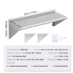 VEVOR 12" X 36" Stainless Steel Shelf, Wall Mounted Floating Shelving With Brackets, 250 Lbs Load Capacity Commercial Shelves -Vevor GUEST 0683dda3 031c 446e 92cd 7d66a792c8a5