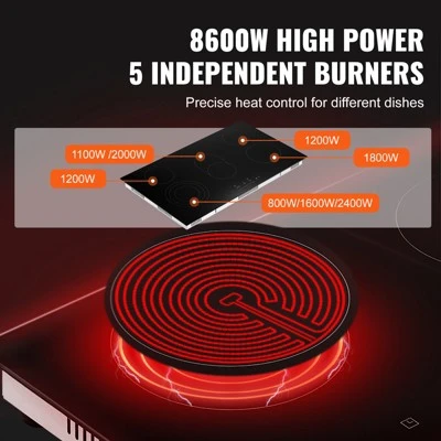 VEVOR Electric Cooktop, 36 Inch 5 Burners Built-in Electric Stove Top, 8600W Ceramic Top Radiant Cooktop With Glass Panel, Touch Control, Timer 2 VEVOR Electric Cooktop, 36 Inch 5 Burners Built-in Electric Stove Top, 8600W Ceramic Top Radiant Cooktop With Glass Panel, Touch Control, Timer - Image 2