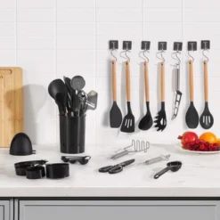 VEVOR Kitchen Cooking Utensils Set, 50 PCS Silicone Spatula Set With Holder, 428°F Heat Resistant Gadget Spoons Tools, Black