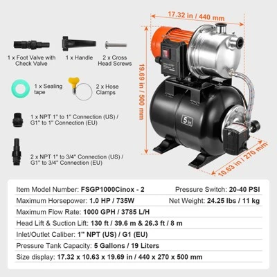 VEVOR 1 HP Shallow Well Pump With Pressure Tank, 1000 GPH, Automatic Irrigation Water Booster Pump With 130 Ft Head Lift 20/40 PSI Pressure, Black 7 VEVOR 1 HP Shallow Well Pump With Pressure Tank, 1000 GPH, Automatic Irrigation Water Booster Pump With 130 Ft Head Lift 20/40 PSI Pressure, Black - Image 7
