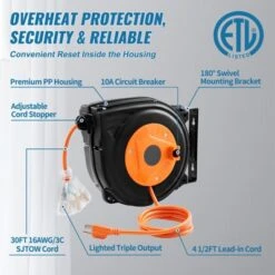 VEVOR Retractable Extension Cord Reel, 30 FT, Heavy Duty 16AWG/3C SJTOW Power Cord, With Lighted Triple Tap Outlet 10 Amp Circuit Breaker, Orange -Vevor GUEST 0c652b2c f853 49d5 82e3 2c0f67d1cde4