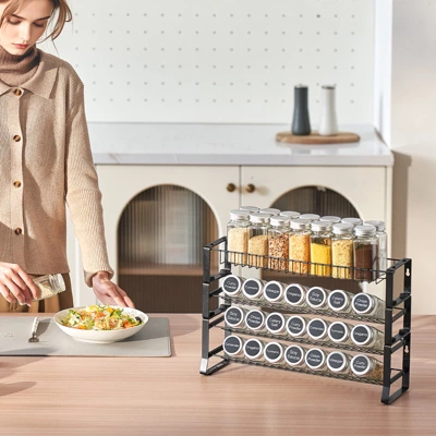 VEVOR Detachable Spice Rack Organizer For Cabinet, 4 Tie Stackable Seasoning Organizer, Spice Jars Kitchen Storage, Black 1 VEVOR Detachable Spice Rack Organizer For Cabinet, 4 Tie Stackable Seasoning Organizer, Spice Jars Kitchen Storage, Black