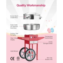 VEVOR Electric Cotton Candy Machine With Cart, 1000W Commercial Candy Floss Maker With 20.5 In Stainless Steel Bowl, Sugar Scoop, And Drawer, Red -Vevor GUEST 0c787dfd be5c 4d0f b54a 71bb2143bf31