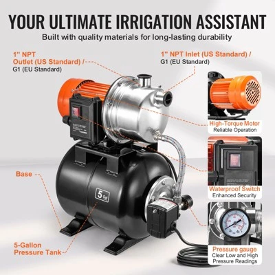 VEVOR 1 HP Shallow Well Pump With Pressure Tank, 1000 GPH, Automatic Irrigation Water Booster Pump With 130 Ft Head Lift 20/40 PSI Pressure, Black 6 VEVOR 1 HP Shallow Well Pump With Pressure Tank, 1000 GPH, Automatic Irrigation Water Booster Pump With 130 Ft Head Lift 20/40 PSI Pressure, Black - Image 6