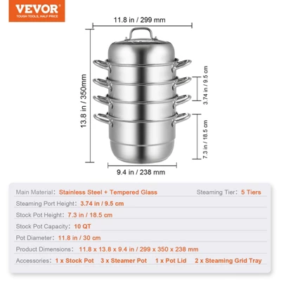 VEVOR Steamer Pot 11.8in/30cm, 5 Tier Steamer Pot For Cooking With 10QT Stock Pot, 3 Vegetable Steamers & 2 Steaming Trays, Silver 7 VEVOR Steamer Pot 11.8in/30cm, 5 Tier Steamer Pot For Cooking With 10QT Stock Pot, 3 Vegetable Steamers & 2 Steaming Trays, Silver - Image 7
