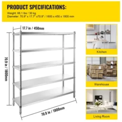 VEVOR Storage Shelf, 5-Tier Storage Shelving Unit, Stainless Steel Garage Shelf, 70.9 X 17.7 X 70.9 Inch Heavy Duty Storage Shelving, Silver -Vevor GUEST 0df091b8 db36 406e aa2c f49ecd814369