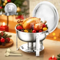 VEVOR Chafing Dish Buffet Set, 5 Qt 4 Pack, Stainless Steel Chafer With 4 Full Size Pans, Round Catering Warmer Server With Lid Water Pan, Silver