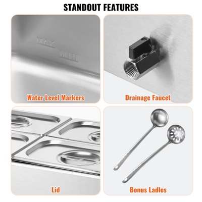 VEVOR 4-Pan Commercial Food Warmer, 15.9QT Electric Steam Table, 1200W Professional Countertop Stainless Steel Buffet Bain Marie 6 VEVOR 4-Pan Commercial Food Warmer, 15.9QT Electric Steam Table, 1200W Professional Countertop Stainless Steel Buffet Bain Marie - Image 6