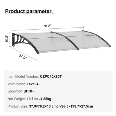 VEVOR Window Door Awning Canopy 40" X 80", UPF 50+ Polycarbonate Entry Door Outdoor Window Awning Exterior, Front Door Overhang Awning 7 VEVOR Window Door Awning Canopy 40" X 80", UPF 50+ Polycarbonate Entry Door Outdoor Window Awning Exterior, Front Door Overhang Awning - Image 7