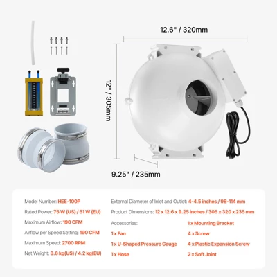VEVOR 4 To 4.5 Inch Radon Fan Installation Kit, Quiet 190CFM Radon Mitigation Fan System Kit With 2 Couplers, Pressure Indicator, White 7 VEVOR 4 To 4.5 Inch Radon Fan Installation Kit, Quiet 190CFM Radon Mitigation Fan System Kit With 2 Couplers, Pressure Indicator, White - Image 7
