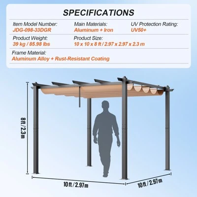 VEVOR 10'x10' Outdoor Retractable Pergola With Canopy, Aluminum Pergola With Retractable Canopy, Modern Pergola With Sun Shade Canopy, Beige 7 VEVOR 10'x10' Outdoor Retractable Pergola With Canopy, Aluminum Pergola With Retractable Canopy, Modern Pergola With Sun Shade Canopy, Beige - Image 7