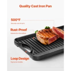 VEVOR Reversible Grill/Griddle, 20x10 Inch Pre-Seasoned Cast Iron Griddle, Portable Rectangular Pan With Handle, Family Cookware, Black -Vevor GUEST 15e0d0ee 209a 4878 80c3 10fd8612a5eb