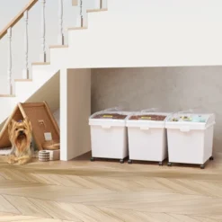 VEVOR Rice Storage Container, 10.5Gallon/40L X3 Capacity Large Dog Food Dispenser Bin, Kitchen Ingredient Grain Cereal Flour Bin, 3 Pack, White