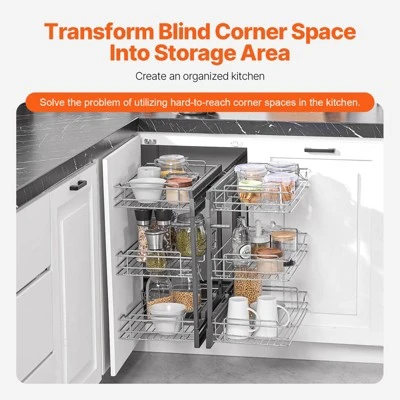 VEVOR Min 15"W Opening Blind Corner Pull Out Organizer, 3 Tier 6 Shelf Kitchen Cabinet Organizer, Chrome Carbon Steel Storage Basket, Gray 2 VEVOR Min 15"W Opening Blind Corner Pull Out Organizer, 3 Tier 6 Shelf Kitchen Cabinet Organizer, Chrome Carbon Steel Storage Basket, Gray - Image 2