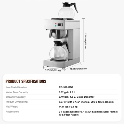 VEVOR 12 Cups Commercial Drip Coffee Maker, Coffee Maker Machine With 2 Glass Carafes And 2 Warmer Plates, Stainless Steel Pour Over Coffee Brewer 7 VEVOR 12 Cups Commercial Drip Coffee Maker, Coffee Maker Machine With 2 Glass Carafes And 2 Warmer Plates, Stainless Steel Pour Over Coffee Brewer - Image 7