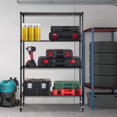 VEVOR Storage Shelving Unit With Wheels, 4-Tier Adjustable, 700 Lbs Capacity, Heavy Duty Garage Shelves Metal Organizer Wire Rack, Black 1 VEVOR Storage Shelving Unit With Wheels, 4-Tier Adjustable, 700 Lbs Capacity, Heavy Duty Garage Shelves Metal Organizer Wire Rack, Black