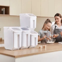 VEVOR Rice Storage Container, 3.5Gal/15Lx2 + 4.5Gal/20Lx2 Large Dog Food Dispenser Bin, With Wheels, 4 Measuring Cups, Airtight Lid, 4 Pack, White