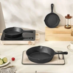 VEVOR Cast Iron Skillet, 3-Piece Frying Pan Set (6, 8, 10 In), Heavy-Duty Skillets With Heat-Resistant Handle, Pre-Seasoned Chef's Pan, Black