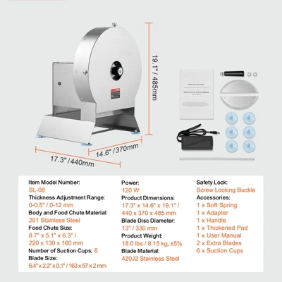 VEVOR Electric Vegetable Slicer, 0-0.5"/0-12mm Thickness Adjustable Commercial Slicer Machine, Convertible To Manual, Stainless Steel 7 VEVOR Electric Vegetable Slicer, 0-0.5"/0-12mm Thickness Adjustable Commercial Slicer Machine, Convertible To Manual, Stainless Steel - Image 7