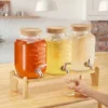VEVOR Beverage Dispenser, 3 Pack 1 Gallon Drink Dispensers For Parties, Glass Juice Dispenser With Wood Stand, Stainless Steel Spigot,Infuser, Clear