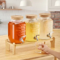 VEVOR Beverage Dispenser, 3 Pack 1 Gallon Drink Dispensers For Parties, Glass Juice Dispenser With Wood Stand, Stainless Steel Spigot,Infuser, Clear