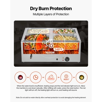 VEVOR Commercial Food Warmer, 1500W Electric Stainless Steel Steam Food Warmer With Lid, 4-Pan Fast Heating Countertop Buffet Bain Marie, Silver 5 VEVOR Commercial Food Warmer, 1500W Electric Stainless Steel Steam Food Warmer With Lid, 4-Pan Fast Heating Countertop Buffet Bain Marie, Silver - Image 5