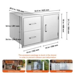 VEVOR Outdoor Kitchen Door Drawer Combo 32.5" W X 21.6" H X 20.5''D,Access Door/Double Drawers With Paper Towel Rack, BBQ Island Drawers, Silver -Vevor GUEST 1cfd7acd b76a 41db 818a 7b803a5c4f2f