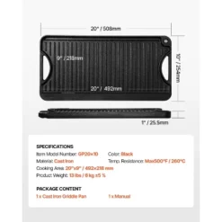 VEVOR Reversible Grill/Griddle, 20x10 Inch Pre-Seasoned Cast Iron Griddle, Portable Rectangular Pan With Handle, Family Cookware, Black -Vevor GUEST 1f4bb83c 7b0d 4935 9abd 1c07771dd62e