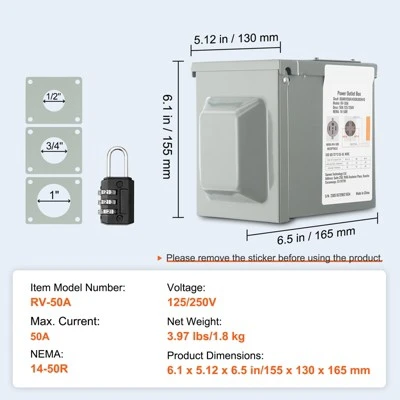 VEVOR 50 Amp RV Power Outlet Box, 125/250 Volt, Enclosed Lockable Outdoor RV Receptacle Box, NEMA 14-50R Weatherproof Electrical Panel, Gray 7 VEVOR 50 Amp RV Power Outlet Box, 125/250 Volt, Enclosed Lockable Outdoor RV Receptacle Box, NEMA 14-50R Weatherproof Electrical Panel, Gray - Image 7