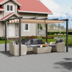 VEVOR 10'x13' Outdoor Retractable Pergola With Canopy, Aluminum Pergola With Retractable Canopy, Modern Pergola With Sun Shade Canopy, Beige