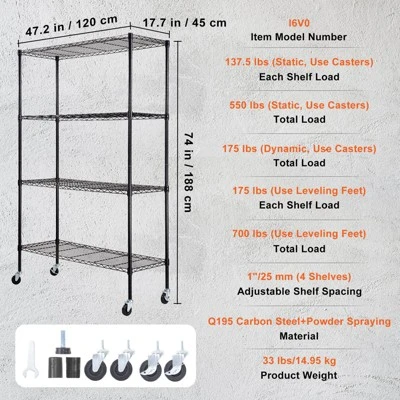 VEVOR Storage Shelving Unit With Wheels, 4-Tier Adjustable, 700 Lbs Capacity, Heavy Duty Garage Shelves Metal Organizer Wire Rack, Black 7 VEVOR Storage Shelving Unit With Wheels, 4-Tier Adjustable, 700 Lbs Capacity, Heavy Duty Garage Shelves Metal Organizer Wire Rack, Black - Image 7
