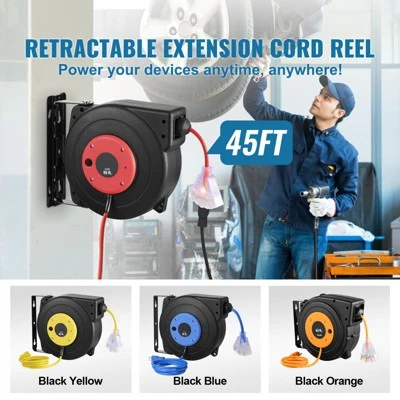 VEVOR Retractable Extension Cord Reel, 45 FT, Heavy Duty 12AWG/3C SJTOW Retractable Power Cord With Lighted Triple Tap Outlet, Black 2 VEVOR Retractable Extension Cord Reel, 45 FT, Heavy Duty 12AWG/3C SJTOW Retractable Power Cord With Lighted Triple Tap Outlet, Black - Image 2