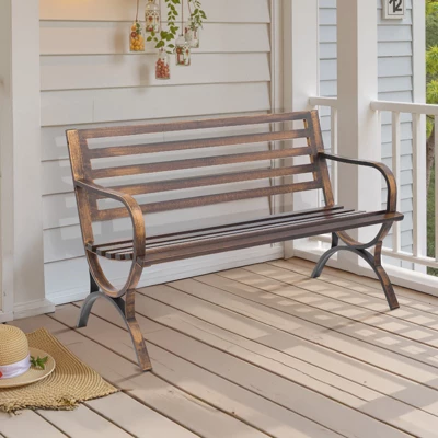 VEVOR Outdoor Bench, 50 Inch, Carbon Steel Metal Frame With Slatted Pattern Backrest And Round Edge Armrests, Weatherproof, Antique Bronze 1 VEVOR Outdoor Bench, 50 Inch, Carbon Steel Metal Frame With Slatted Pattern Backrest And Round Edge Armrests, Weatherproof, Antique Bronze