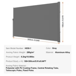 VEVOR Retractable Side Awning, 71''x 118'' Aluminum Outdoor Privacy Screen, 280g Polyester Water-proof Retractable Patio Screen, Gray -Vevor GUEST 2731c173 1188 4990 8235 defbe6335a9b