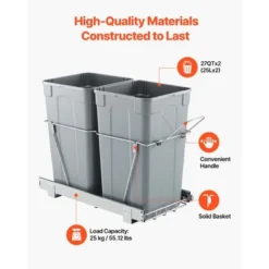 VEVOR Pullout Trash Can For Kitchen Cabinets, 27QTx2 Double Under Sink Garbage Waste Recycling Bin, Under Mount Waste Container, Gray -Vevor GUEST 283201be 4034 41c5 a478 f459fbf394a3