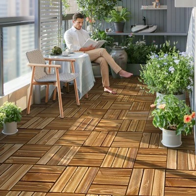 VEVOR Interlocking Deck Tiles Solid Wood, 10 Pack,12"x12" Waterproof Camphor Pine Wood Flooring All Weather Use, Patio Floor Decking Covering Tiles 1 VEVOR Interlocking Deck Tiles Solid Wood, 10 Pack,12"x12" Waterproof Camphor Pine Wood Flooring All Weather Use, Patio Floor Decking Covering Tiles