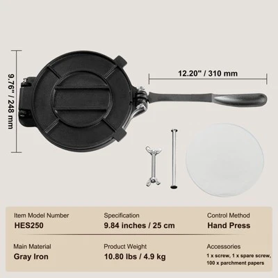 VEVOR Tortilla Press, 10 Inch Tortilla And Roti Maker, Cast Iron Heavy Duty Tortilladora Press With 100 Pcs Parchment Paper, Dough Maker, Silver 7 VEVOR Tortilla Press, 10 Inch Tortilla And Roti Maker, Cast Iron Heavy Duty Tortilladora Press With 100 Pcs Parchment Paper, Dough Maker, Silver - Image 7