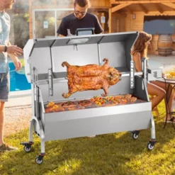 VEVOR Rotisserie Grill With Hooded Cover, BBQ Whole Pig Lamb Goat Charcoal Spit Grill, 46 Inch 132Lbs Capacity, Electric 52W Motor, Silver
