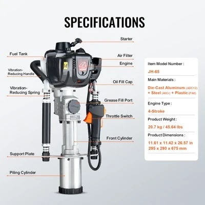 VEVOR 37.77cc Gas-Powered T Post Driver, 4-Stroke Engine Gasoline Fence Piling Pounder, With 3 Post Driving Head(45/55/88 Mm) , Silver 7 VEVOR 37.77cc Gas-Powered T Post Driver, 4-Stroke Engine Gasoline Fence Piling Pounder, With 3 Post Driving Head(45/55/88 Mm) , Silver - Image 7