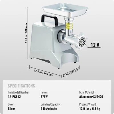 VEVOR Electric Meat Grinder, 5 Lb/Min Capacity, 575W(800W MAX) Industrial Meat Mincer With Blade, Grinding Plate, Sausage Stuffing Blade, Silver 7 VEVOR Electric Meat Grinder, 5 Lb/Min Capacity, 575W(800W MAX) Industrial Meat Mincer With Blade, Grinding Plate, Sausage Stuffing Blade, Silver - Image 7