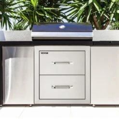 VEVOR Outdoor Kitchen Drawers 18W X 20.6H X 12.7D Inch, Flush Mount Double BBQ Drawers Stainless Steel With Handle, BBQ Island Drawers,Silver