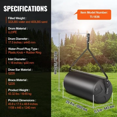 VEVOR Tow Behind Lawn Roller, 400lbs Sand/Water Filled Yard Roller, LLDPE Drum And Steel Frame Sod Roller With Easy-turn Plug, Black 7 VEVOR Tow Behind Lawn Roller, 400lbs Sand/Water Filled Yard Roller, LLDPE Drum And Steel Frame Sod Roller With Easy-turn Plug, Black - Image 7