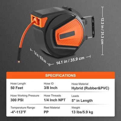 VEVOR Retractable Air Hose Reel, 3/8 IN X 50 FT Hybrid Air Hose Max 300PSI 7 VEVOR Retractable Air Hose Reel, 3/8 IN X 50 FT Hybrid Air Hose Max 300PSI - Image 7