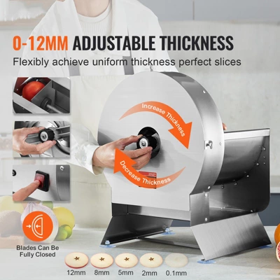 VEVOR Electric Vegetable Slicer, 0-0.5"/0-12mm Thickness Adjustable Commercial Slicer Machine, Convertible To Manual, Stainless Steel 2 VEVOR Electric Vegetable Slicer, 0-0.5"/0-12mm Thickness Adjustable Commercial Slicer Machine, Convertible To Manual, Stainless Steel - Image 2