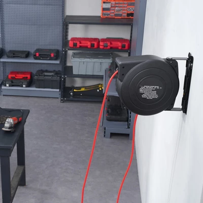 VEVOR Retractable Extension Cord Reel, 45 FT, Heavy Duty 12AWG/3C SJTOW Retractable Power Cord With Lighted Triple Tap Outlet, Black 1 VEVOR Retractable Extension Cord Reel, 45 FT, Heavy Duty 12AWG/3C SJTOW Retractable Power Cord With Lighted Triple Tap Outlet, Black