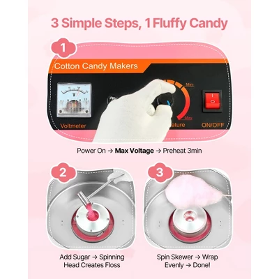 VEVOR Cotton Candy Machine Commercial, 1000W Electric Candy Floss Maker, Easy Use With 15 Inch Stainless Steel Bowl And Sugar Scoop, Pink 3 VEVOR Cotton Candy Machine Commercial, 1000W Electric Candy Floss Maker, Easy Use With 15 Inch Stainless Steel Bowl And Sugar Scoop, Pink - Image 3